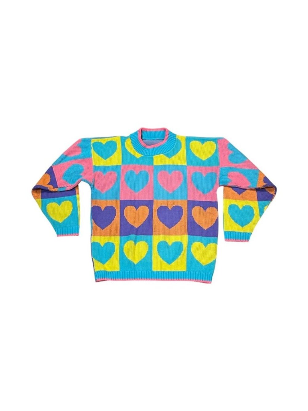 Kawaii Heart Checkerboard Knit Sweater Colorful Kidcore Y2K Retro Colorblock